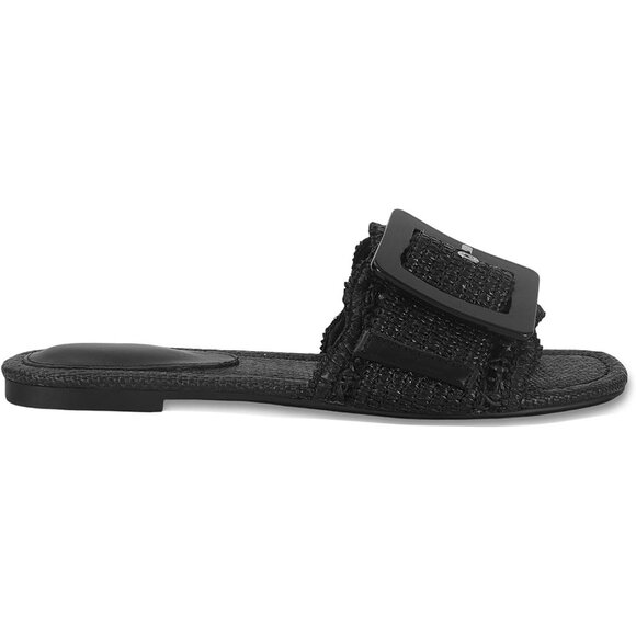 Women's Black Buckle Straw Flats Woven Braided Rattan Slides Summer Sandals - Picture 5 of 7